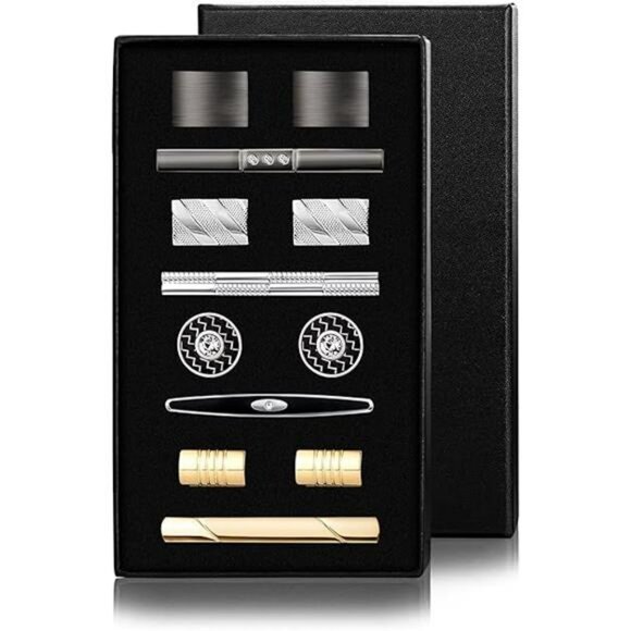 Men's tie clip and cufflink set silver gold black formal tuxedo shirt gift box - Picture 7 of 7